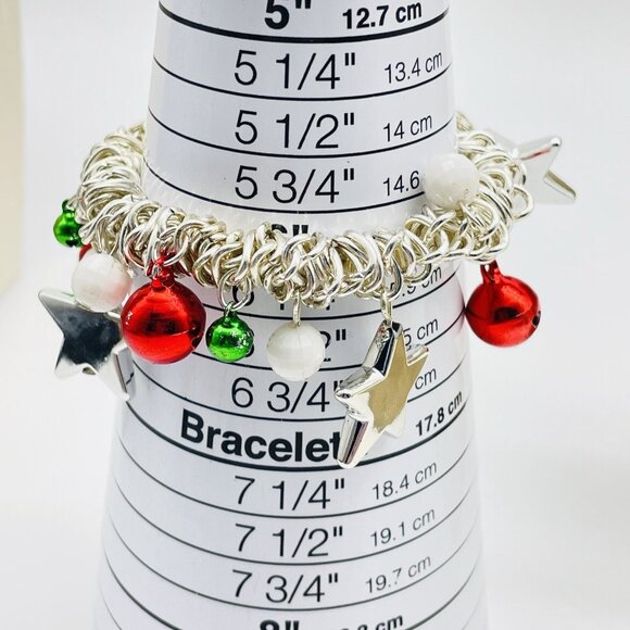 Christmas Charm Bracelet Stretch Silver Tone Stars Bells Holiday Jewelry - Picture 3 of 6
